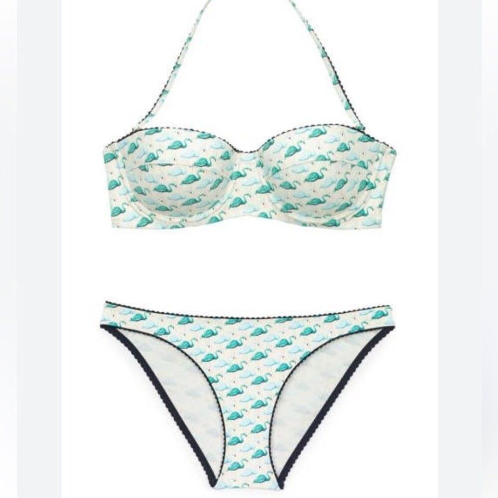 Tory Burch White and Teal Flamingo Print Bikini Set